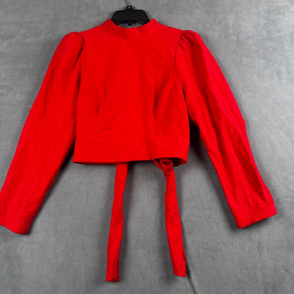 Red Open Back Puff Sleeve Crop Top Mock Neck Tie Back US 6P
